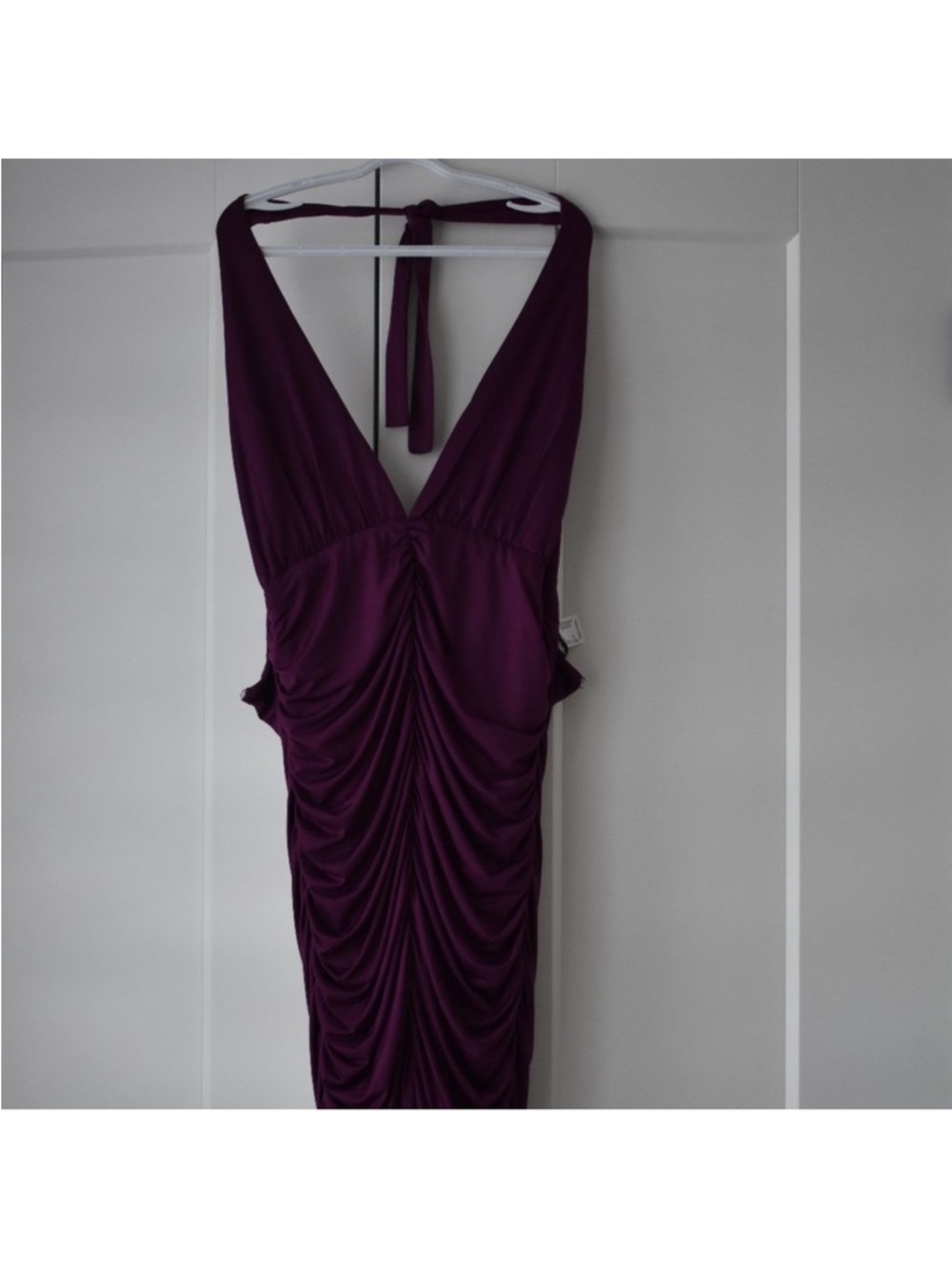 VENUS Deep V Ruched Backless Dress in Plum
